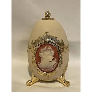 Egg Trinket Music Box Japan Pink Floral Cameo Jewelry
